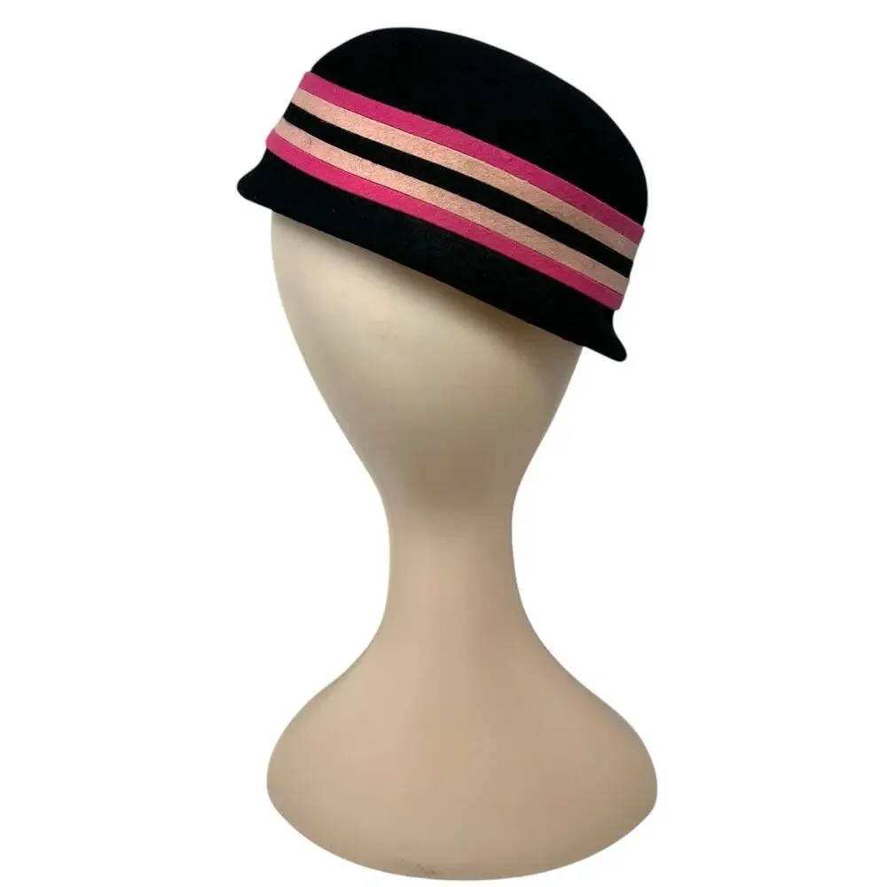 Vintage 1960s Fur Felt Pillbox Hat Pink Black Rhinestone Brooch Jackie O - Picture 5 of 10